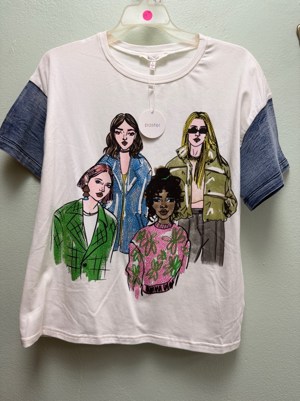 Pastels White Tee with Multicolor Girls Illustration and Blue Sleeve Accents